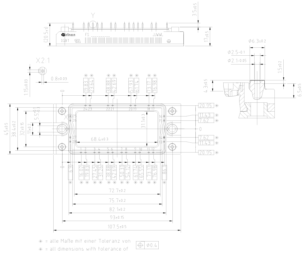 FS75R12KT3 1200V 75A IGBT Module Trenchstop IGBT3 Fast EmCon Diode Sixpack Configuration Integrated NTC Low Inductance High Power Density EconoPACK™2 for Drives
