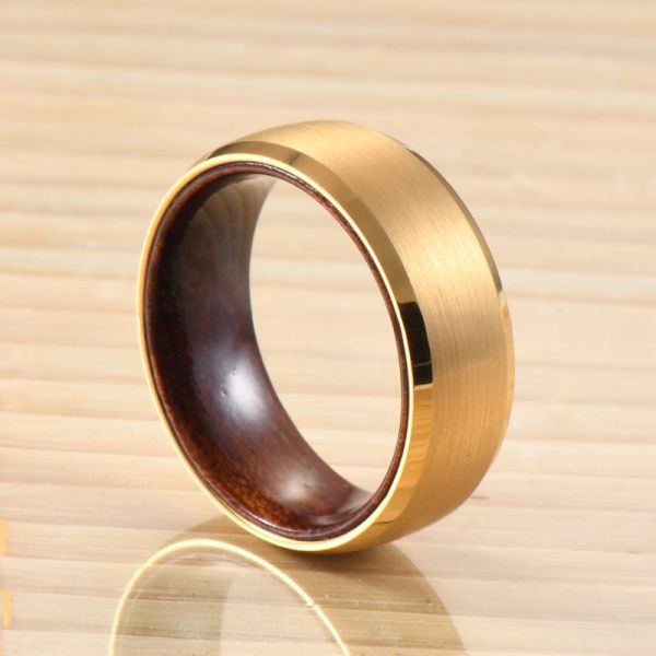 TRENDY Style 8mm 18K Gold Plating Tungsten Carbide Ring Wood Wedding Band with Rosewood Inner Beveled Edge Comfort Fit
