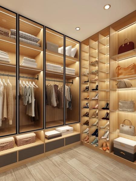 Walnut Style Walk In Wardrobe Modern Solutions OEM Sliding Door