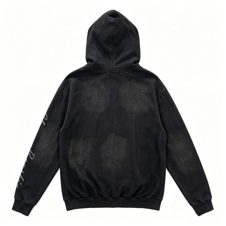 Vintage Faded Washed Hoodie, Leopard Print Lined Hood Oversized Black Sweatshirt for Men