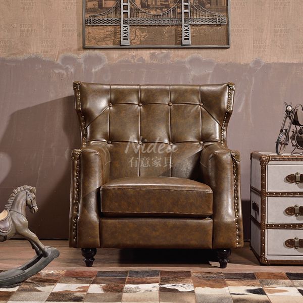 Nidea American Vintage Handmade  Bedroom Lounge Chesterfield Back Armchair High Tufted Button Rolled Genuine Leather Sofa