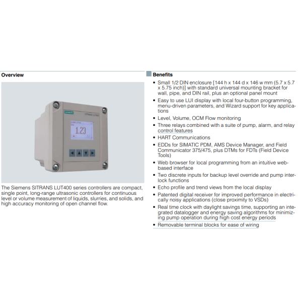 Controlador de nivel ultrasónico SITRANS LUT400, rango de 60 m