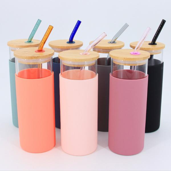 Colorful Portable Dishwasher Safe Glass Tumbler With Silicone Sleeve High Borosilicate Glass Smoothie Tumbler With Bamboo Lid Reusable Design