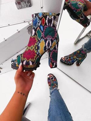 Colorful Snake Prints Waterproof Ladies High Heeled Boots Peep Toe Lace Up