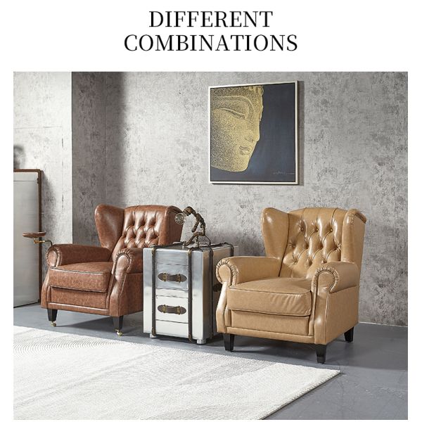 Nidea #8895 Traditional Genuine Leather Wing Back High Back Ergonomic Chaise Longue Chair for Bedroom and Living Room