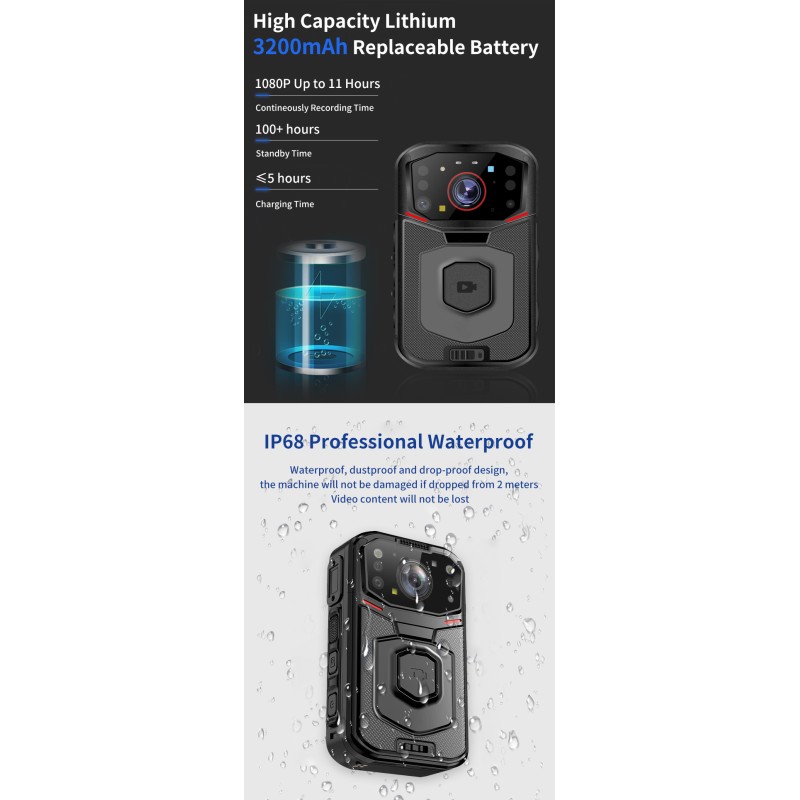 Mini 5G Body Worn Camera Audio and Video Recorder 4K Video 3.1'' Touch Screen IP68 Waterproof Security Camera with Wifi GPS BT