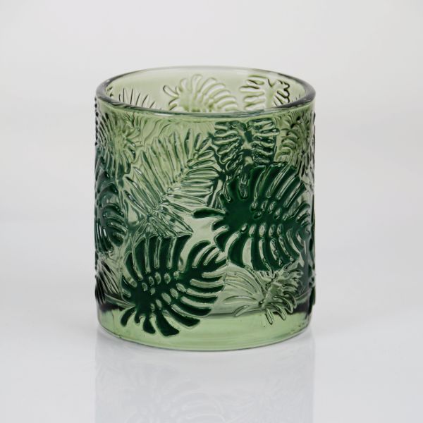Embossed Tropical Monstera Leaf Glass Candle Holder with 200ml Capacity in Lead-Free Crystal Glass