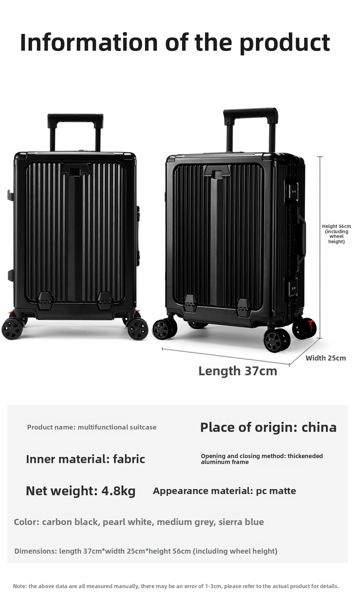 56cm PC Framed Business Travel Luggage Airline Carry On Suitcase Spinner Wheels