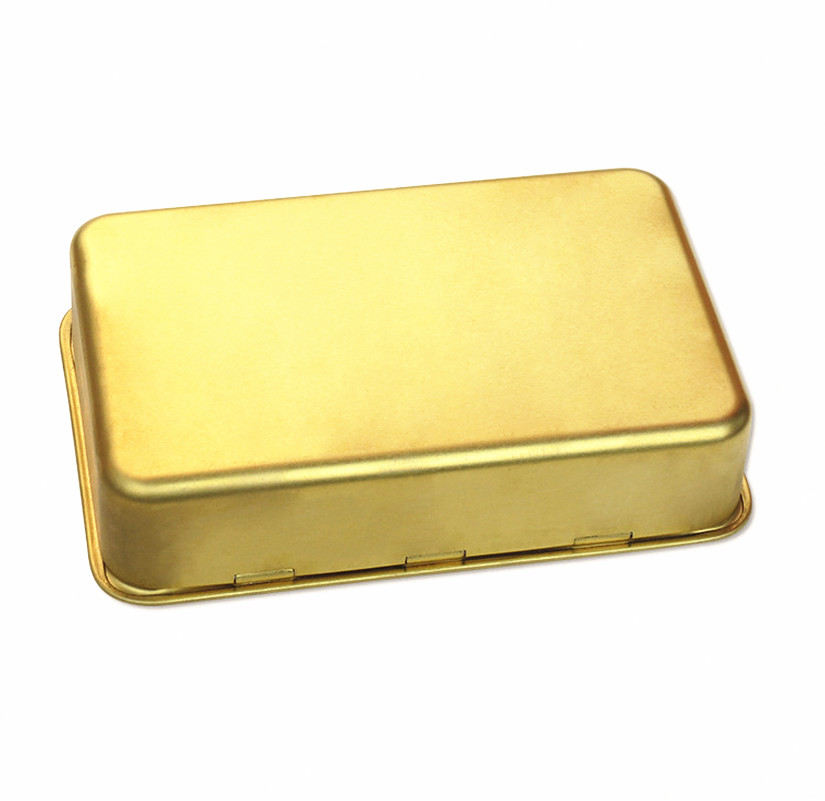 Promotional food storage tins gold color candy with hinged lid and embossed logo