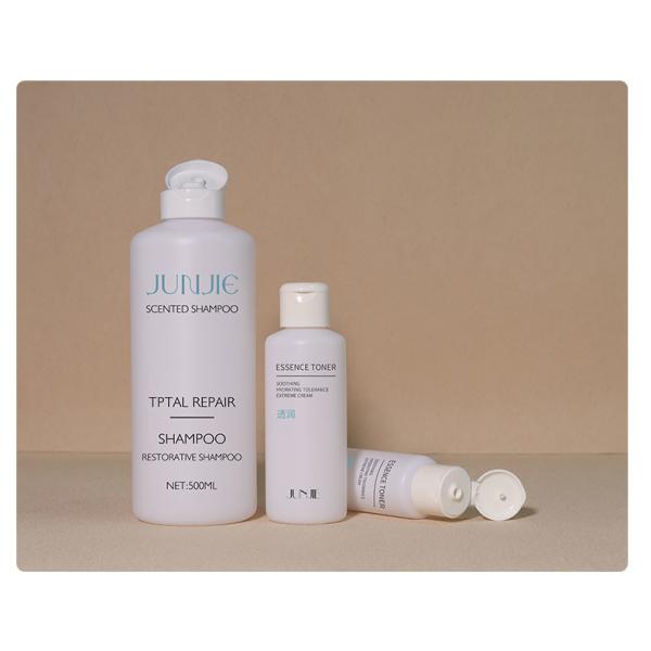 Botella de champú de plástico PET con bomba y tapa abatible de 60 ml, 120 ml y 500 ml para envasado de loción corporal y cosméticos