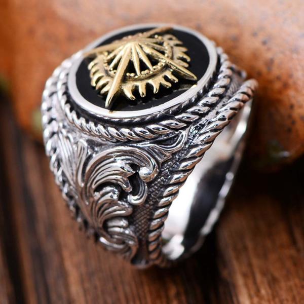 Thai Sterling Silver Brass 2 Tone Sunlight Engraved Retro Men Ring (059186)