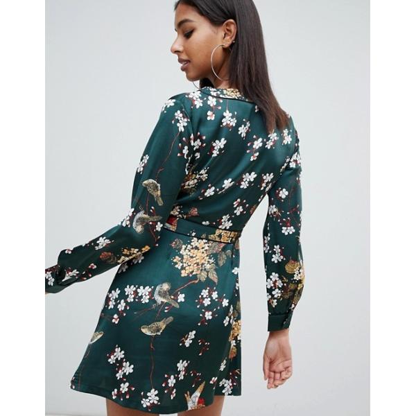 OEM fashionable green floral satin wrap mini tea dress