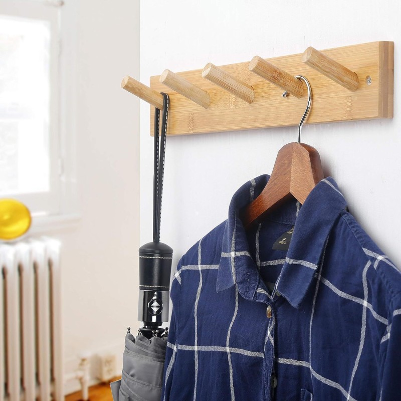 Customized 5-Pegs Bamboo Wall Mounted Coat Rack Single-Tier Entryway Hat and