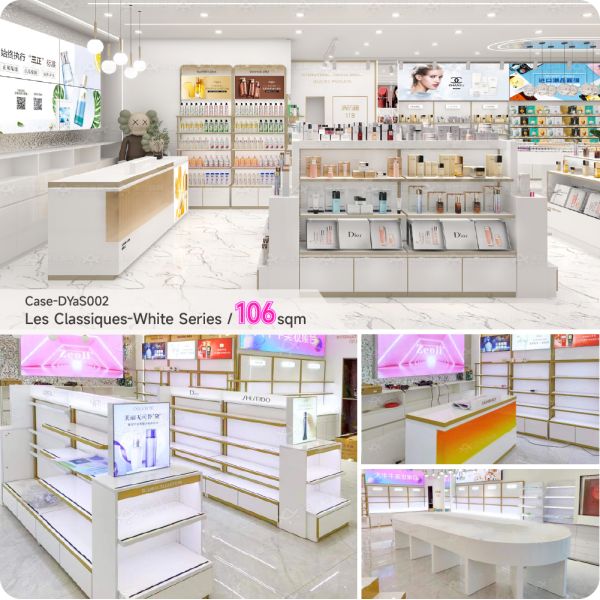 Fashion-forward Makeup Store Display Les Classiques-White Series Wooden Beauty Display Rack for Cosmetic Shop Interior Design