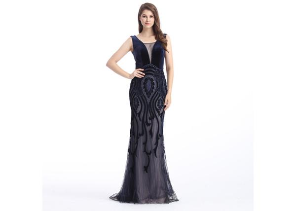 Dark Blue Deep V Neck Ladies Formal Evening Dresses Velvet Fabric Sleeveless