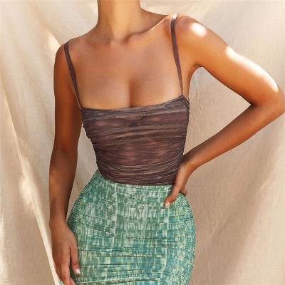 One Line Neck Ladies Camisole Tank Tops See Through Net Gauze Printing