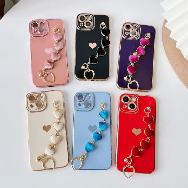 para iPhone 12 Pro Max Case,Cute Plating Love Heart Pulso Faixa Chain Bracelet Soft Compatível com