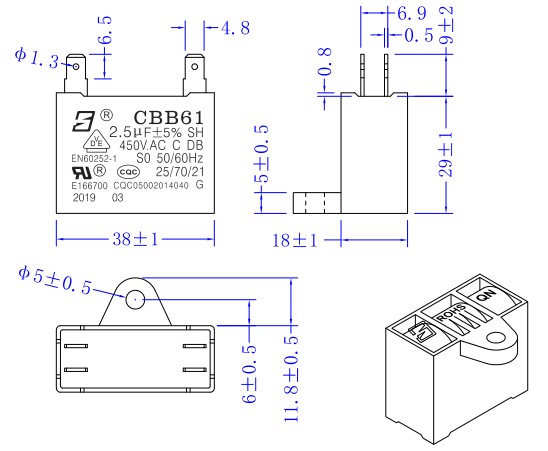 CBB61 450V 2.5UF 187 Терминальный фильтр кондиционера
