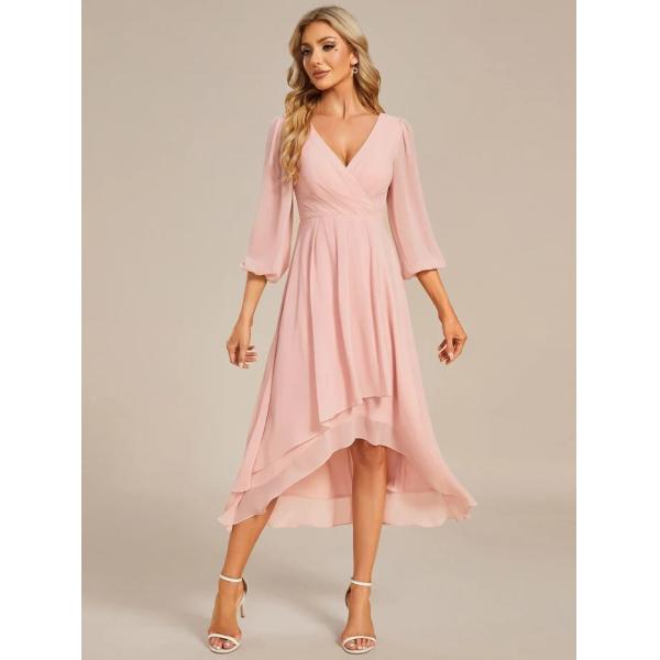Elegant Empire Long Sleeve V-neck High Low A-line Ruffled Midi Burgundy Chiffon Wedding Guest Cocktail Dress