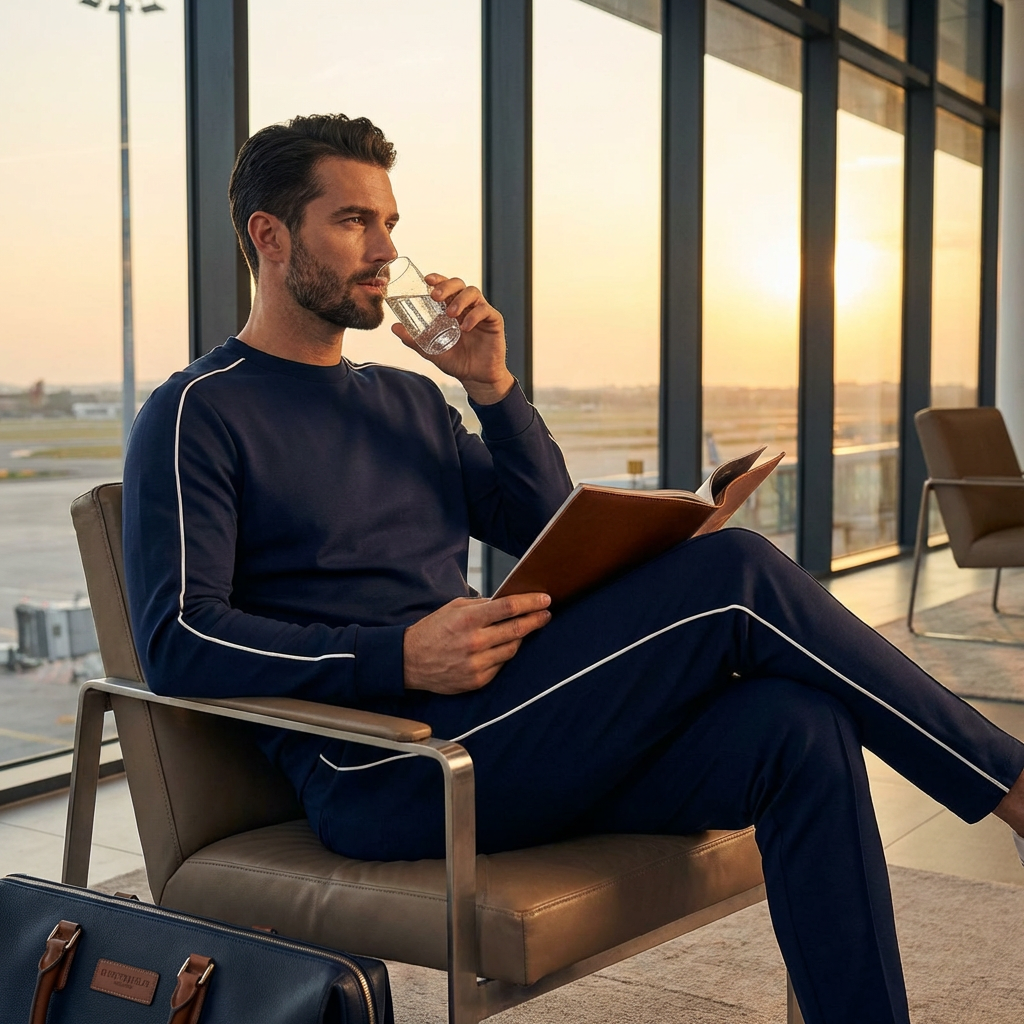 Custom Logo Navy Blue Knitted ODM 100% Cotton Tracksuits for Men 2-Piece Set Quarter-Zip Sweatshirt Contrast Sweatsuit
