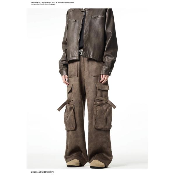 Loose Straight Leg Casual Trousers for Men Vintage Multi-Pocket Deerskin Overalls