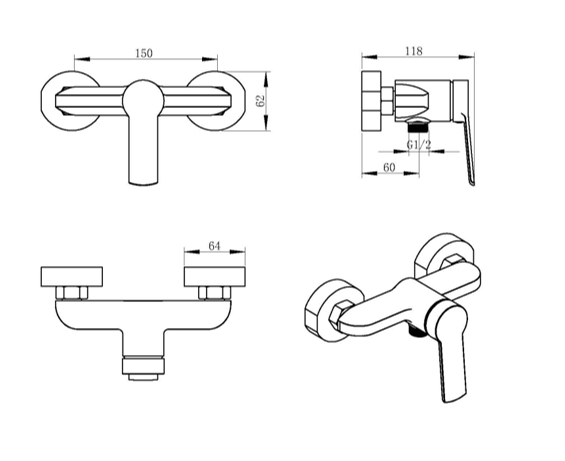 Хромированный однорычажный смеситель для душа, установленный стеной, выход 1/2 дюйма