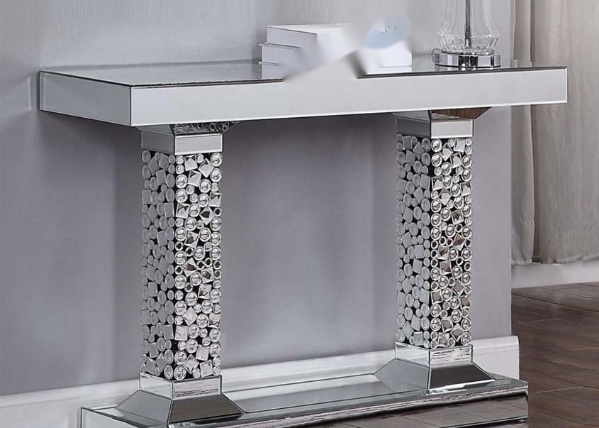 Mirrored Surface Console Table with Faux Gems Inlay - 118x33.5x79cm Entryway Table