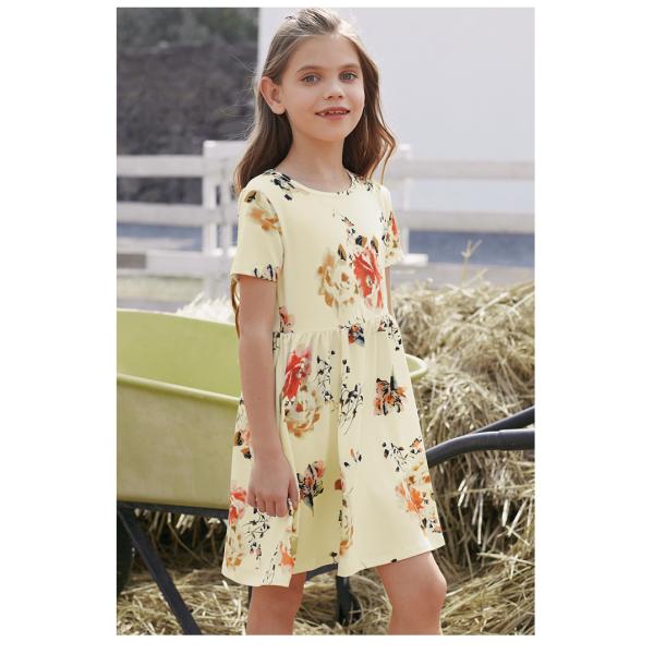 Summer Children's Clothing Solid Color Cotton Printed Short Sleeve Casual Girls Dress