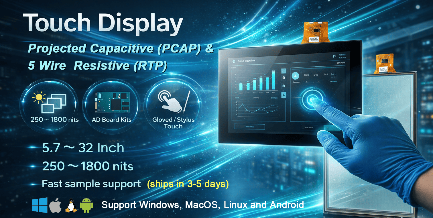 5.7 Inch To 32 Inch Projective Capacitive And 5 Wire Resistive Touch Display Aong With Complete Solution Kits Including AD Boards And Cables