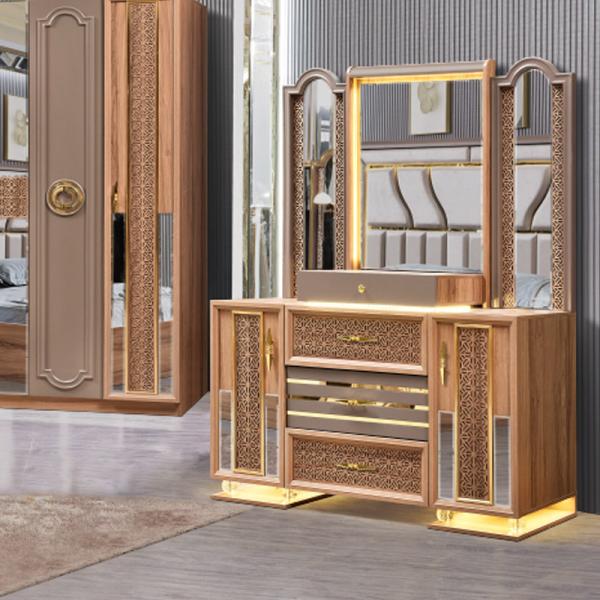 Turkish Luxury Style Wooden Frame King Size Bed Set Led Headboard Modern Classic Full Home Wood Bedroom Sets Furniture