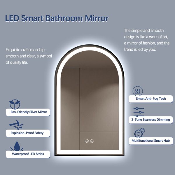 Luxury Arch Shape Black Framed Bathroom Mirror , Smart LED Bathroom Mirror IP54 Waterproof