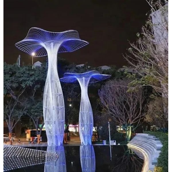 Abstract Illuminated Stainless Steel Tree Sculpture with Canopy for Building Creativity