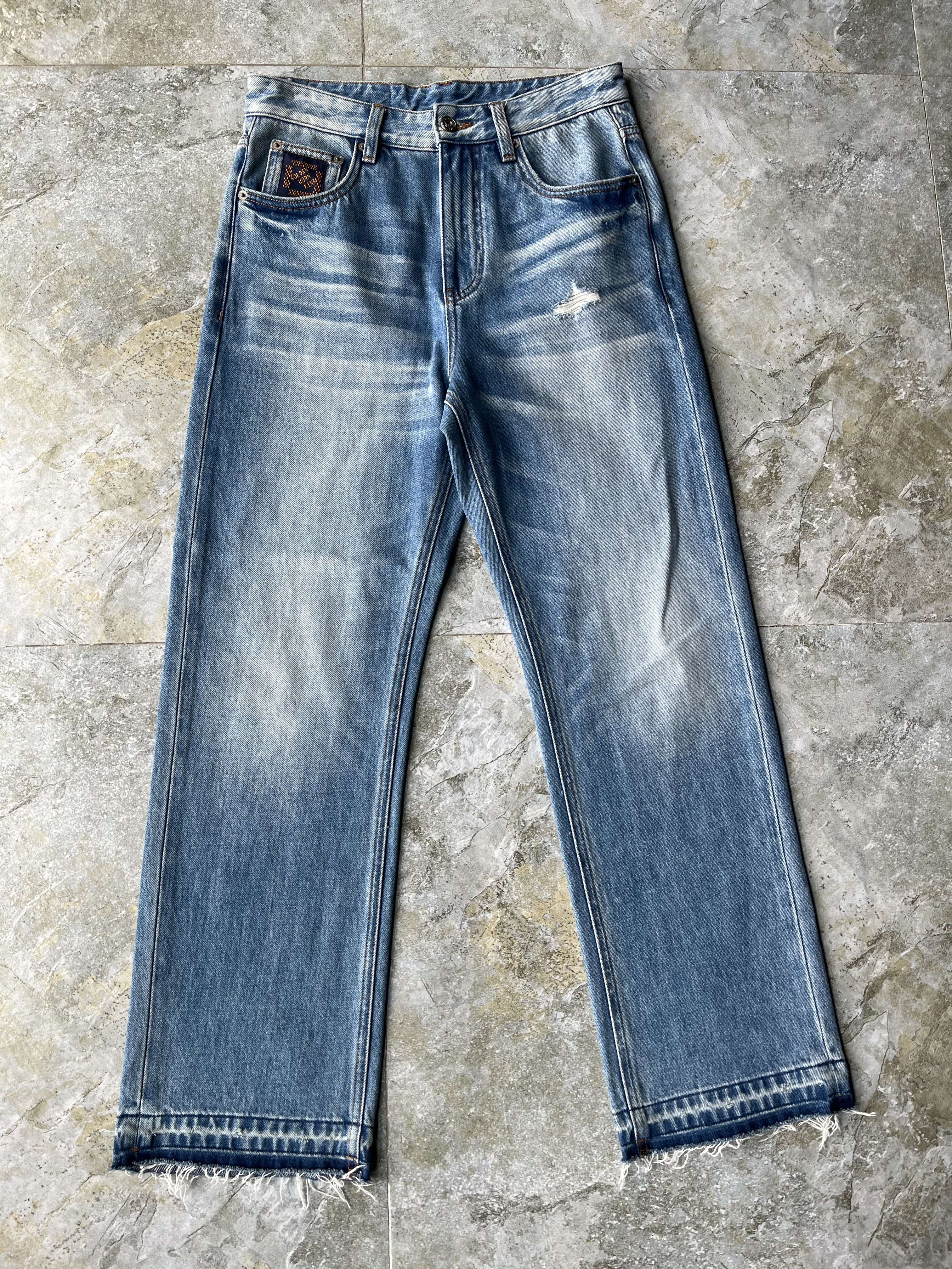 Horizon Faded Men's Jeans Ripped Raw Hem Wide Leg Jeans Mid Waist