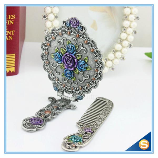 Circular Rose Design Classic Retro Makeup Mirrors One Side Ladies Handle Metal Cosmetic Mirrors