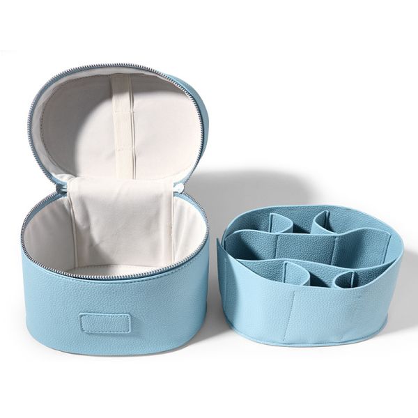 OEM Portable Handle Leather Cosmetic Cases Ladies Travel Toiletry Bag Light Blue Color