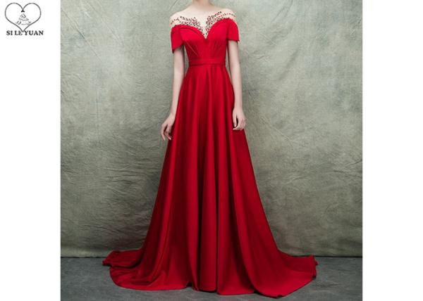 Short Sleeve Long Tail Gown / Red Satin Evening Gown Bust Back Beaded For Women