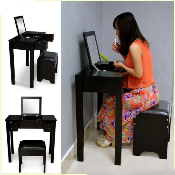Black Solid Wood Material Large Capacity Wooden Mirror Table For Bedroom