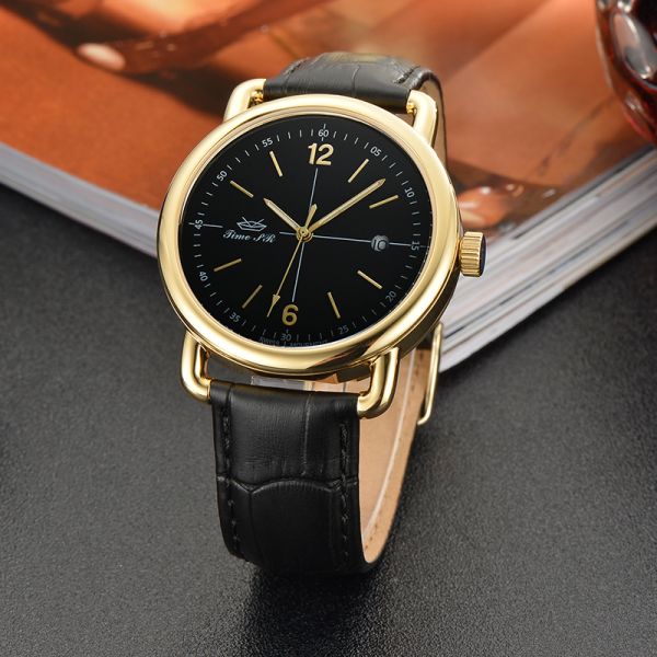 Elegant Black Quartz Watch With Genuine Leather Strap