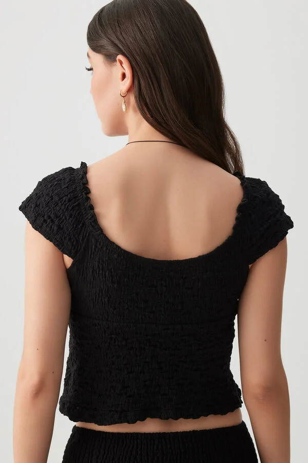 Textured Smocked Tie-Front Collection - Cami & Short Sleeve Tops (Red / White / Black)