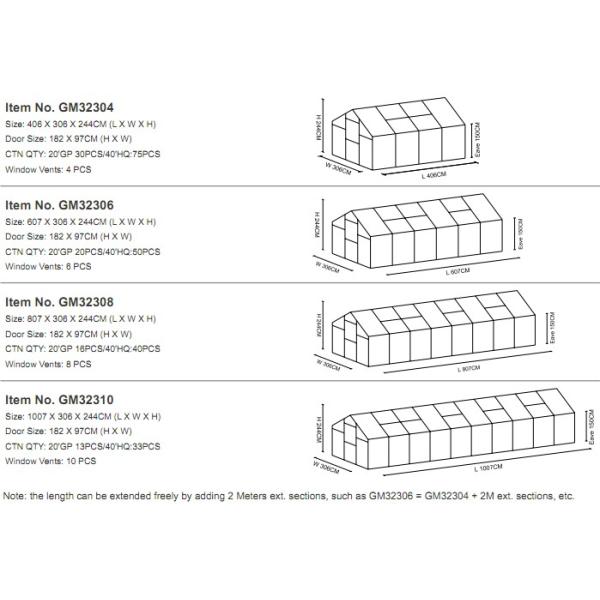 Aluminum Greenhouse-Titan series-406X306X243CM-Green/Black Color-10mm thick PC