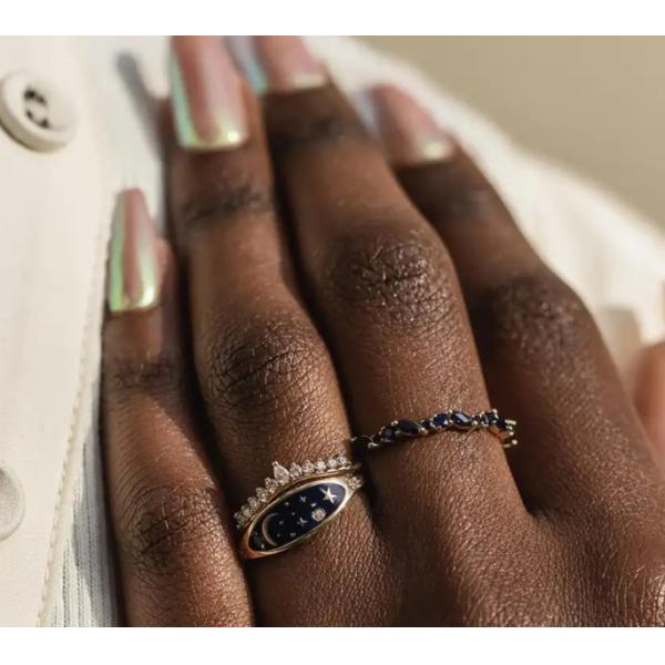 Hecho a mano 18K Oro Revestido de medianoche Azul Esmalte 925 de plata redonda Brillante CZ anillo de apilamiento para niñas