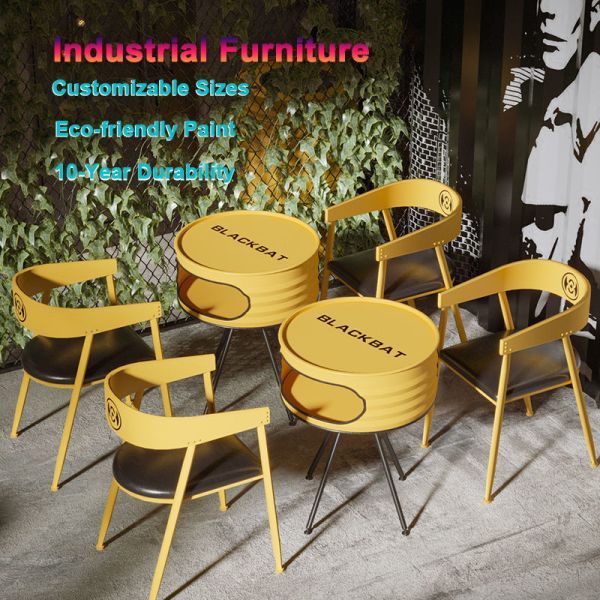 Outdoor Oil Drum Furniture Metal Restaurant Cafe Tables And Chairs Industrial
