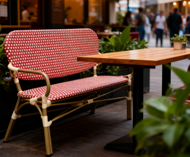 Outdoor French Bistro Rattan Sofa Bench Chair Rattan Restaurant Sofa Burgundy Red for Hotel Resort