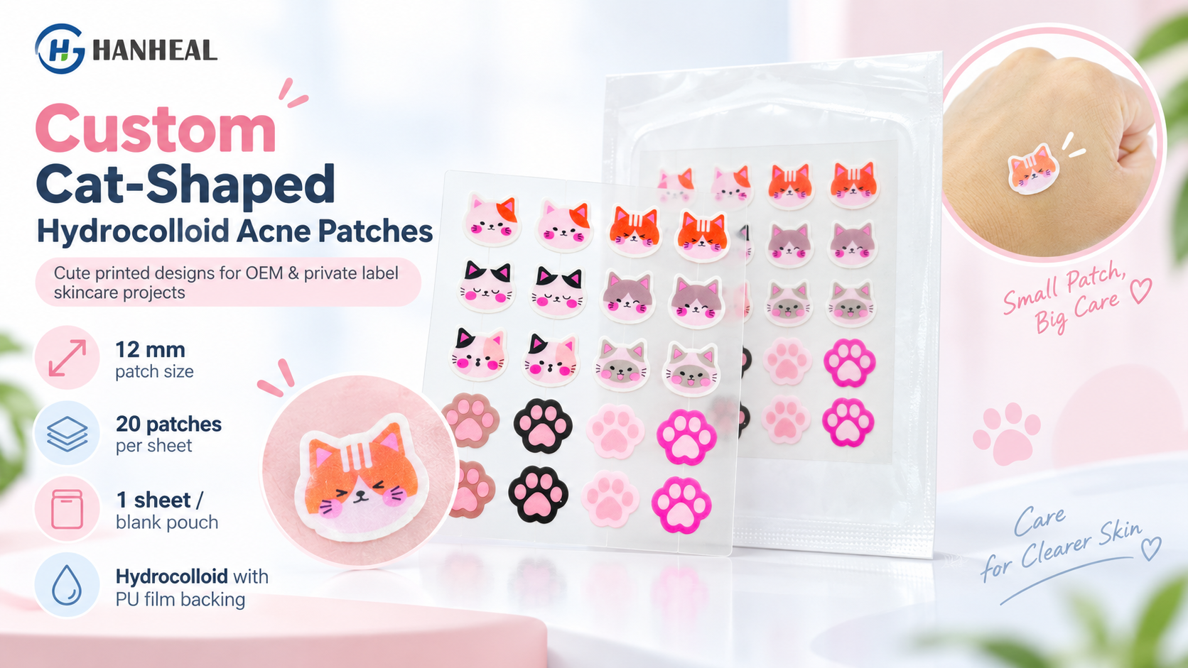 Custom Cat-Shaped Hydrocolloid Acne Patches 12mm 20 Patches per Sheet