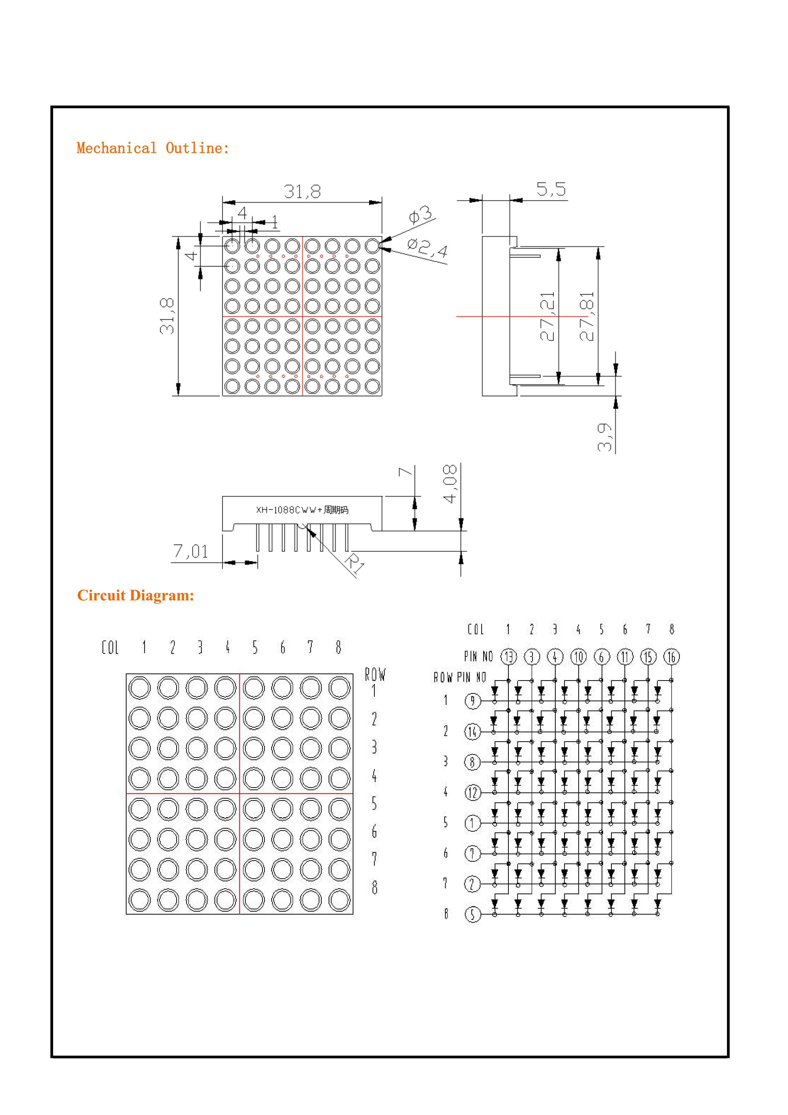 31.8mmx31.8mm 8x8 LED Dot Matrix Display Module Round 3.0mm (Ultra Bright Red/Green/Blue/RGB, Common Anode/Cathode)