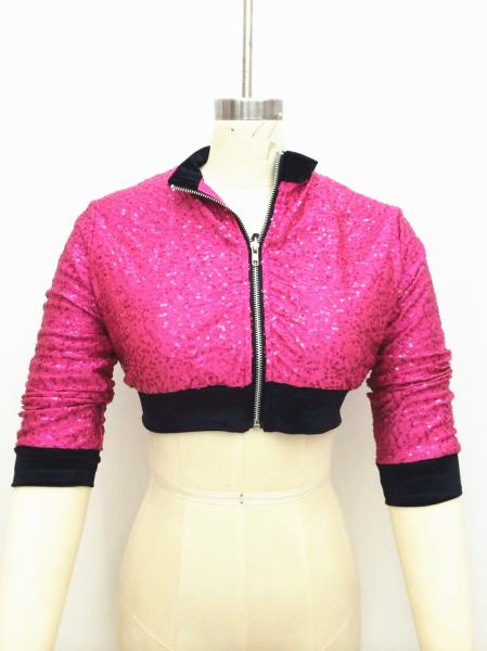 Black Edged Hip Hop Dance Costumes Sequin Half Length Jacket With Front Centre Zipper Half Length Sleeves