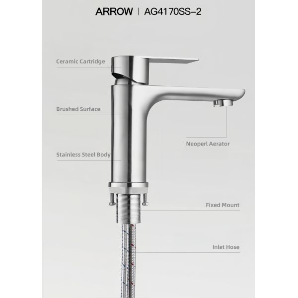 ARROW Modern Single Handle Stainless Steel Basin Mixer Faucet with Ceramic Valve and Waterfall Design for Bathroom Sink