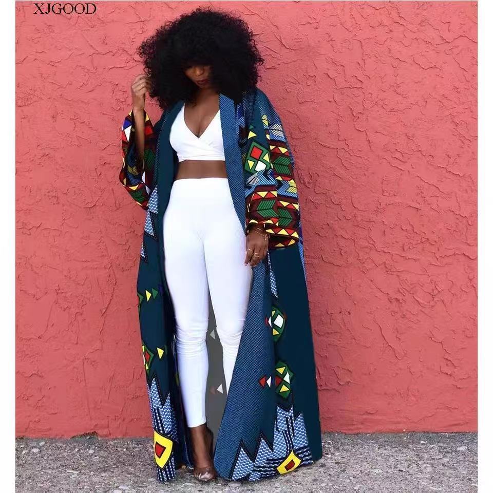 Women’s African Geometric Print Kimono Dress with Long Sleeve and Polyester Blend Fabric