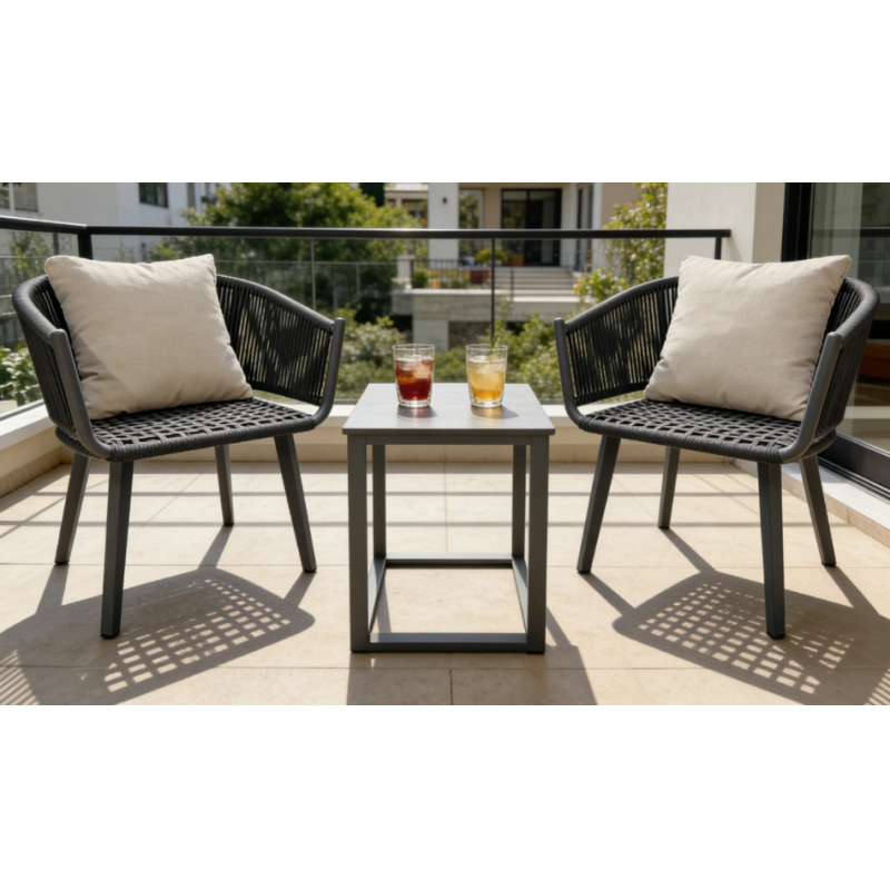 Beige Rope Woven Outdoor Dining Arm Chair with Aluminum Frame for Patio and Garden