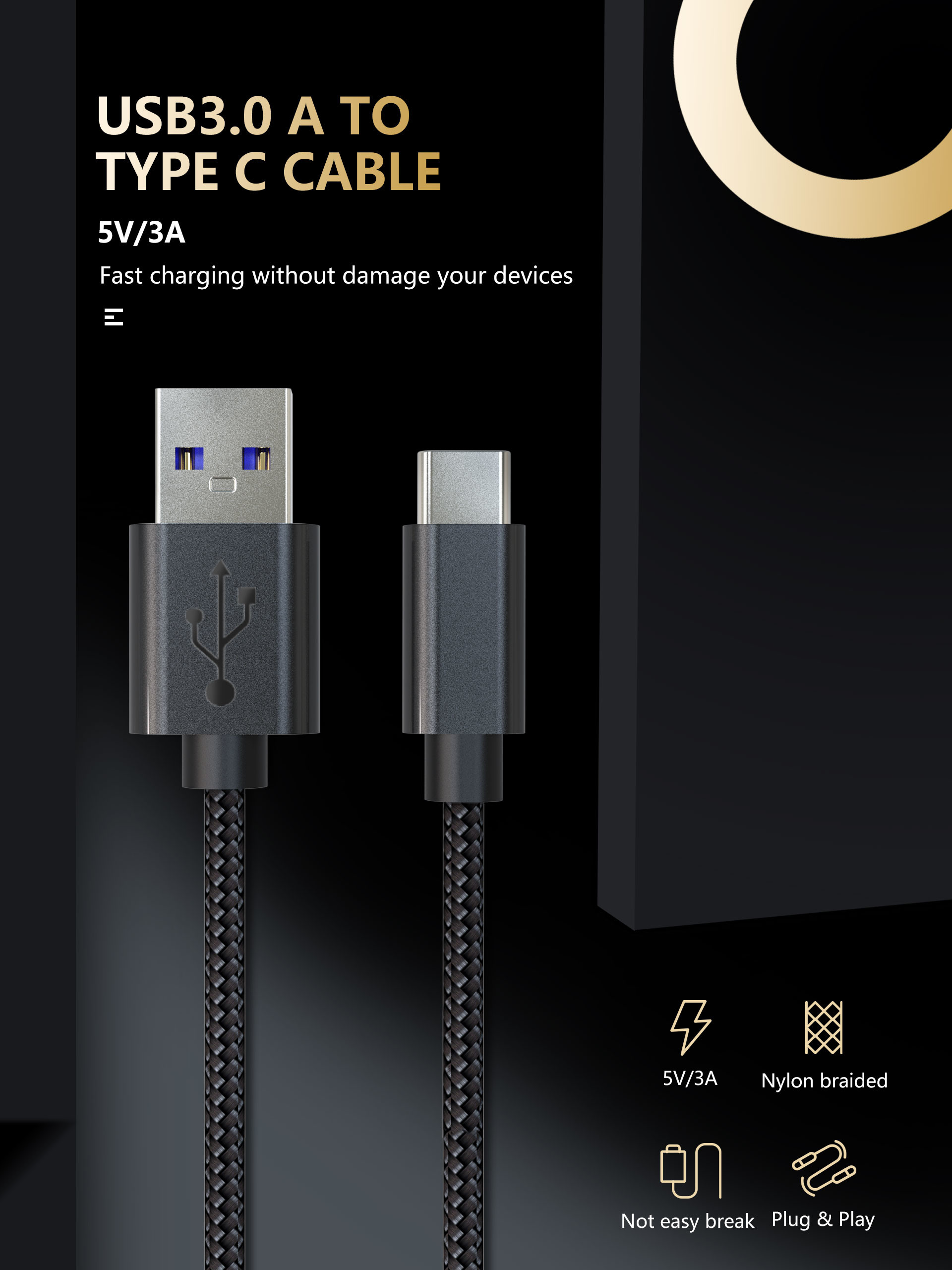 5G тип поручать Usb в 3 ноги кабеля 3a c быстрый для передачи данных